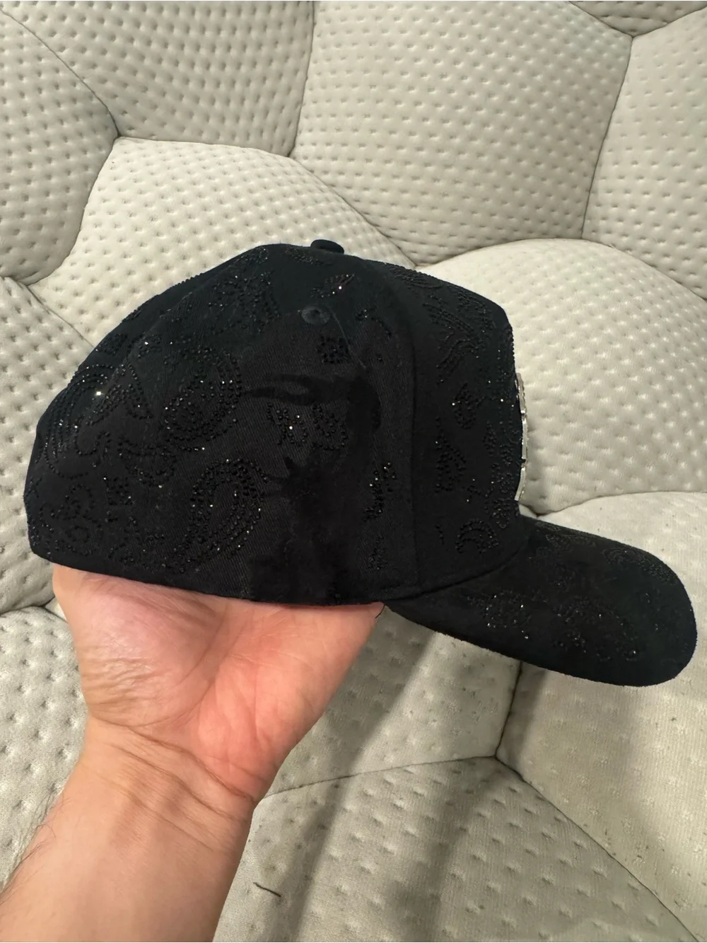 Black Rhinestones Embellished Baseball Cap with Crystal Monogram Accent
